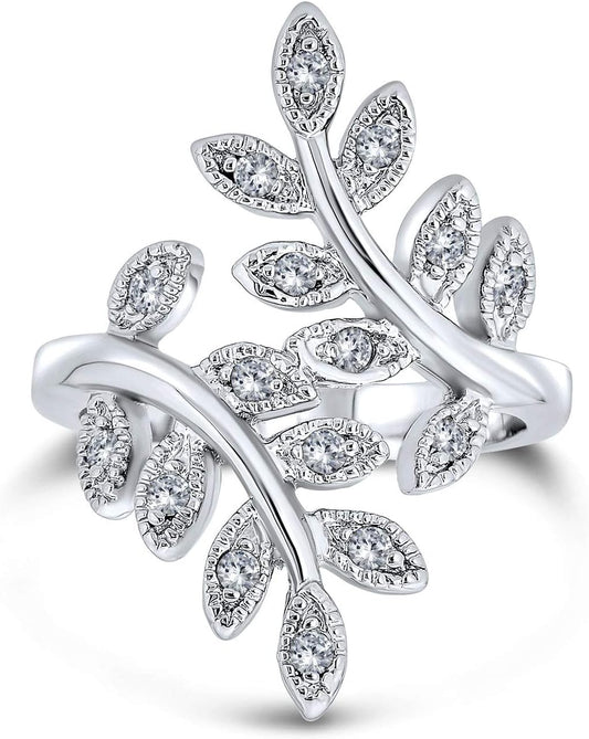 "Enchanting Ivy Vine Leaf Ring: Sparkling CZ Stones, Silver Plated Brass, and Fashion Forward Design for Women"