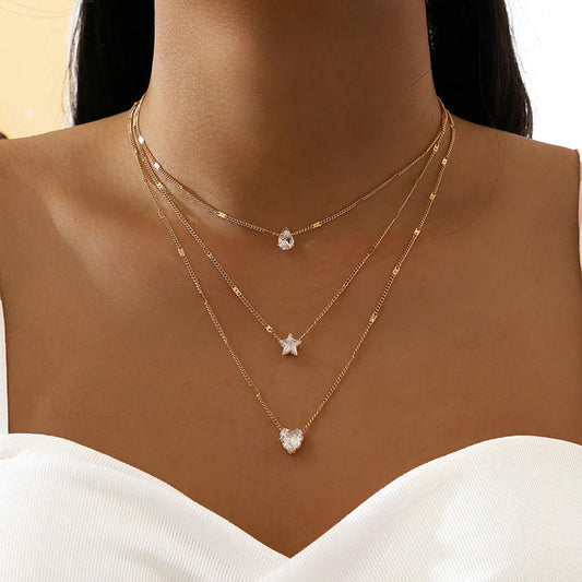 "Sparkling Crystal Zircon Heart Star Necklace Set - Stylish Charms, Vintage Rhinestone Jewelry for Women"